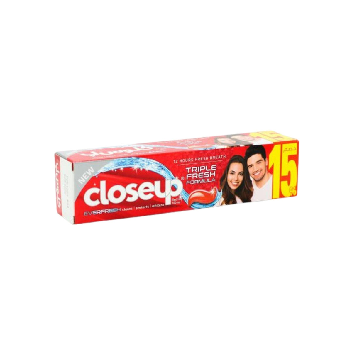 Refect Beauty Closeup Red Triple Fresh Formula toothpaste box featuring a 15% off label and fresh breath benefits.
