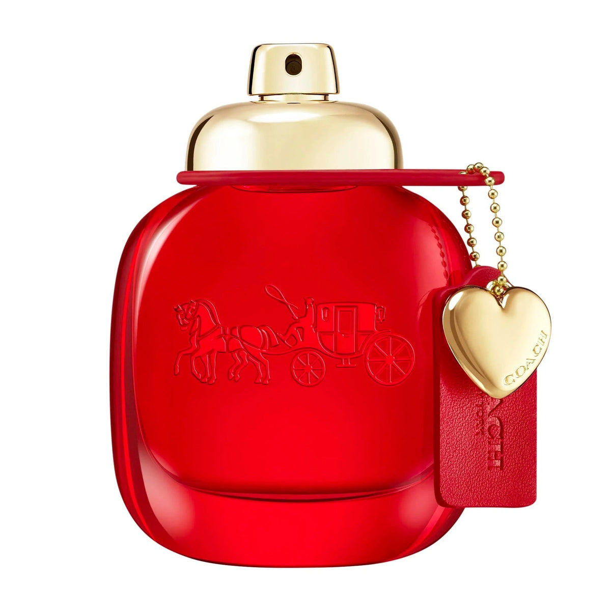 Refect Beauty Coach Love for Women Eau de Parfum in a vibrant red glass bottle with a gold heart charm and cap.