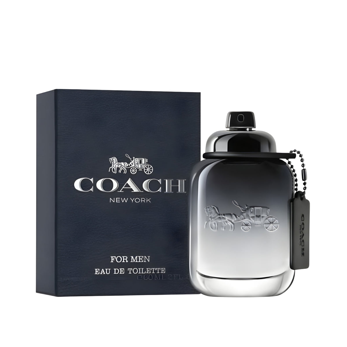 Refect Beauty Coach Man Eau de Toilette fragrance bottle and dark blue box featuring the iconic horse and carriage logo