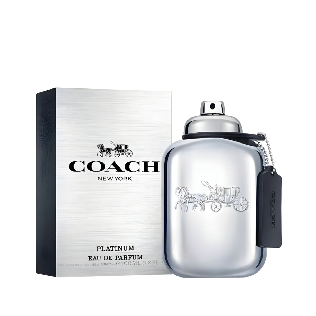 Refect Beauty Coach Platinum Eau de Parfum bottle and silver metallic box featuring the iconic horse and carriage logo
