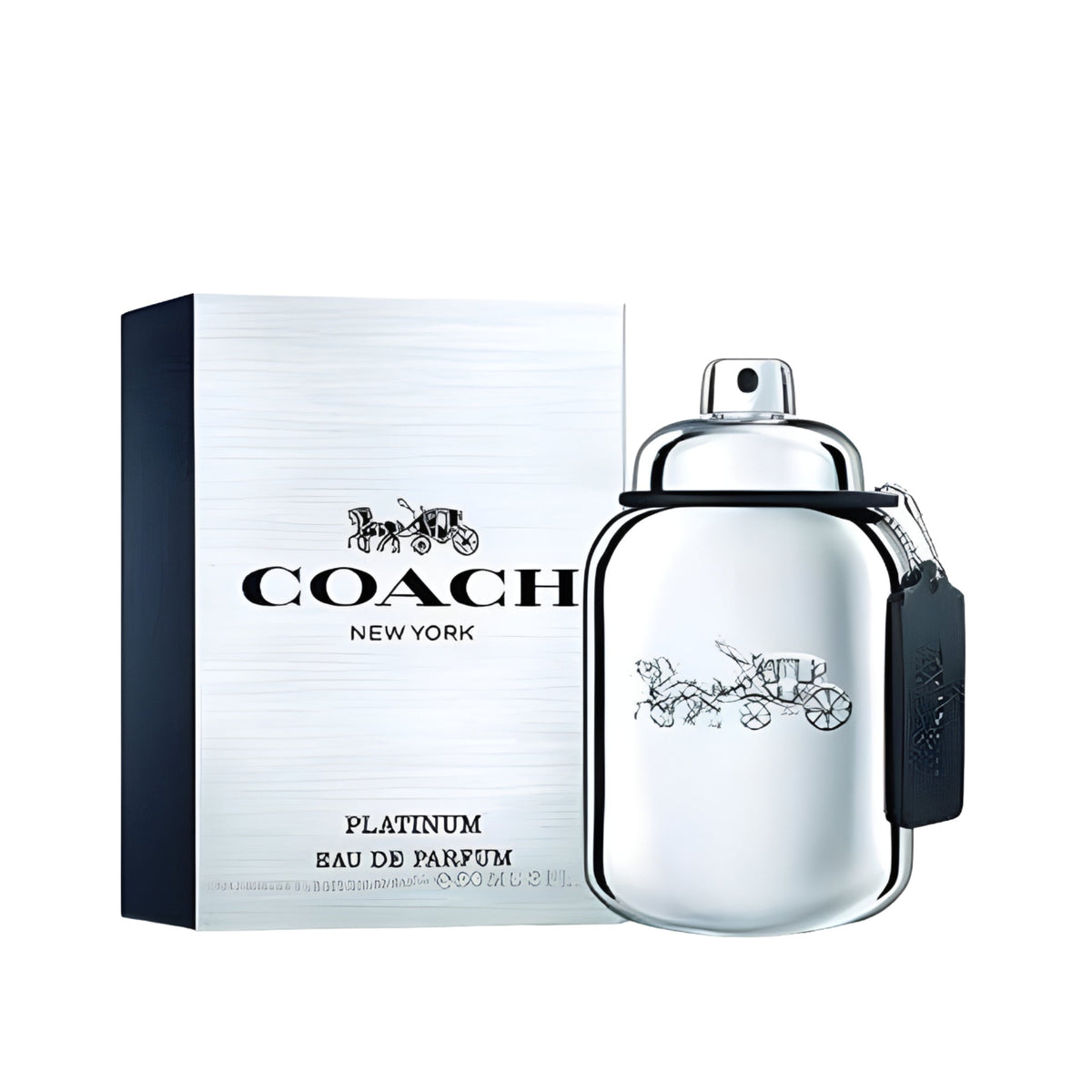 Refect Beauty Coach Platinum Eau de Parfum bottle and box featuring a metallic silver finish and horse carriage logo.