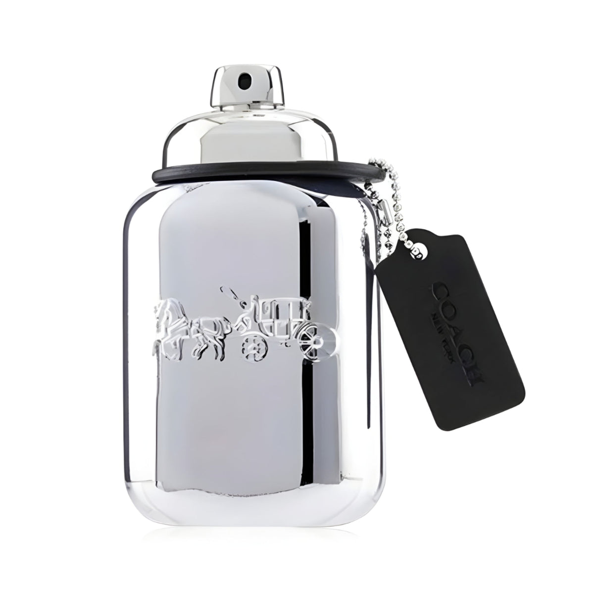 Refect Beauty Coach Platinum Eau de Parfum in a sleek, reflective silver bottle with a black leather hangtag.