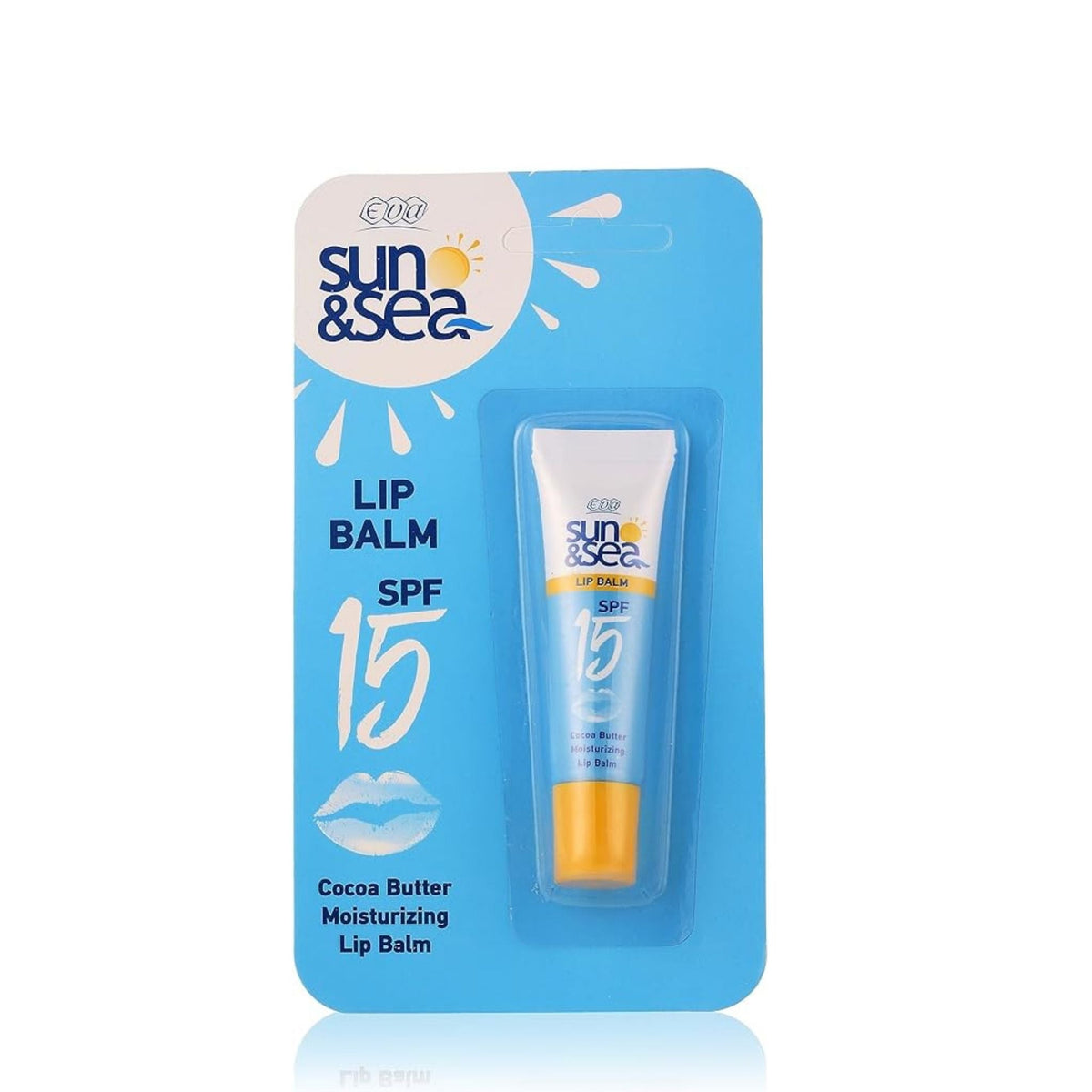 Refect Beauty Eva Sun & Sea cocoa butter lip balm with SPF 15 in blue and yellow blister pack packaging