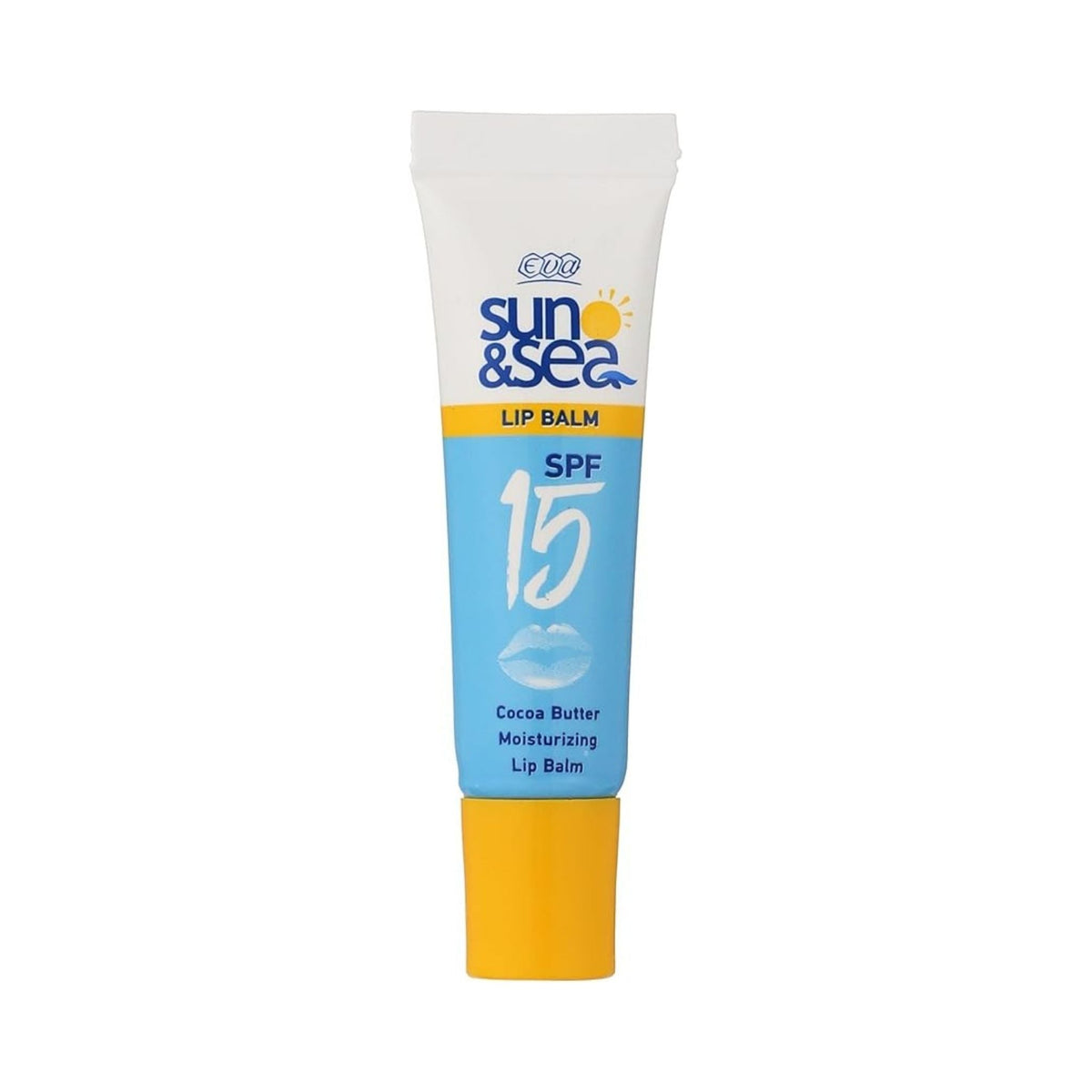Refect Beauty Eva Sun & Sea cocoa butter lip balm in a blue and white squeeze tube with SPF 15 protection