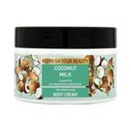 Refect Beauty Oriense coconut milk body cream in a white jar with a black lid and tropical coconut label design