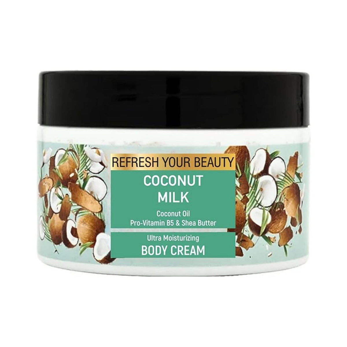 Refect Beauty Oriense coconut milk body cream in a white jar with a black lid and tropical coconut label design