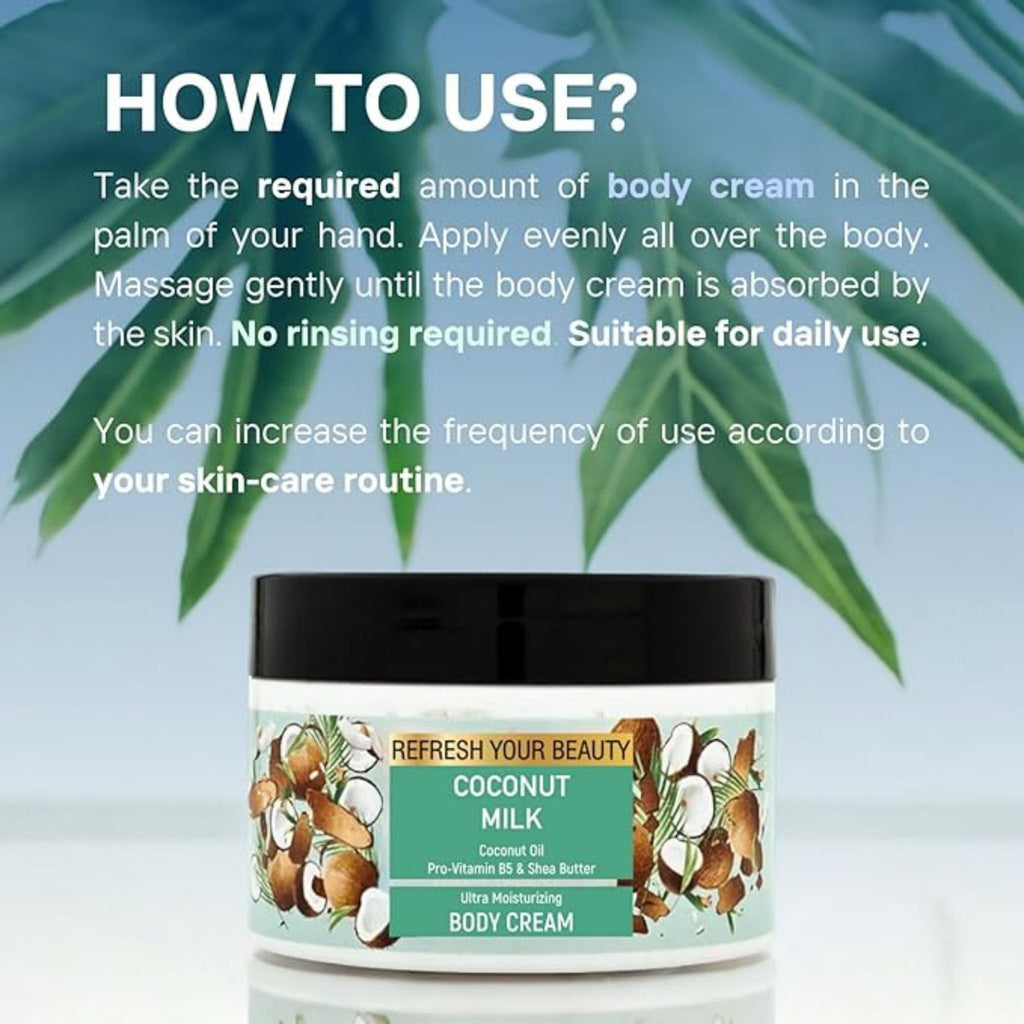 Refect Beauty Oriense Coconut Milk body cream jar with green label and tropical leaf background