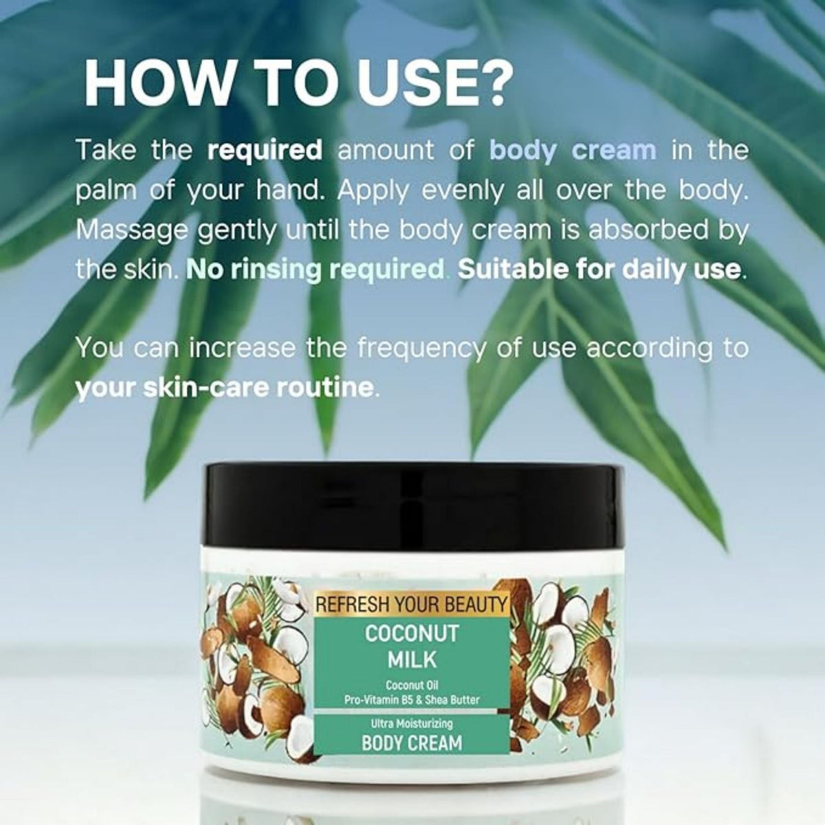 Refect Beauty Oriense Coconut Milk body cream jar with green label and tropical leaf background