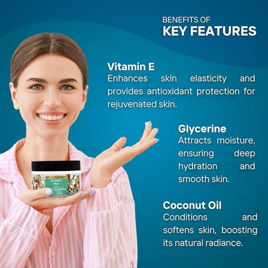 Refect Beauty coconut milk body cream held by a smiling woman, highlighting vitamin E, glycerine, and coconut oil.