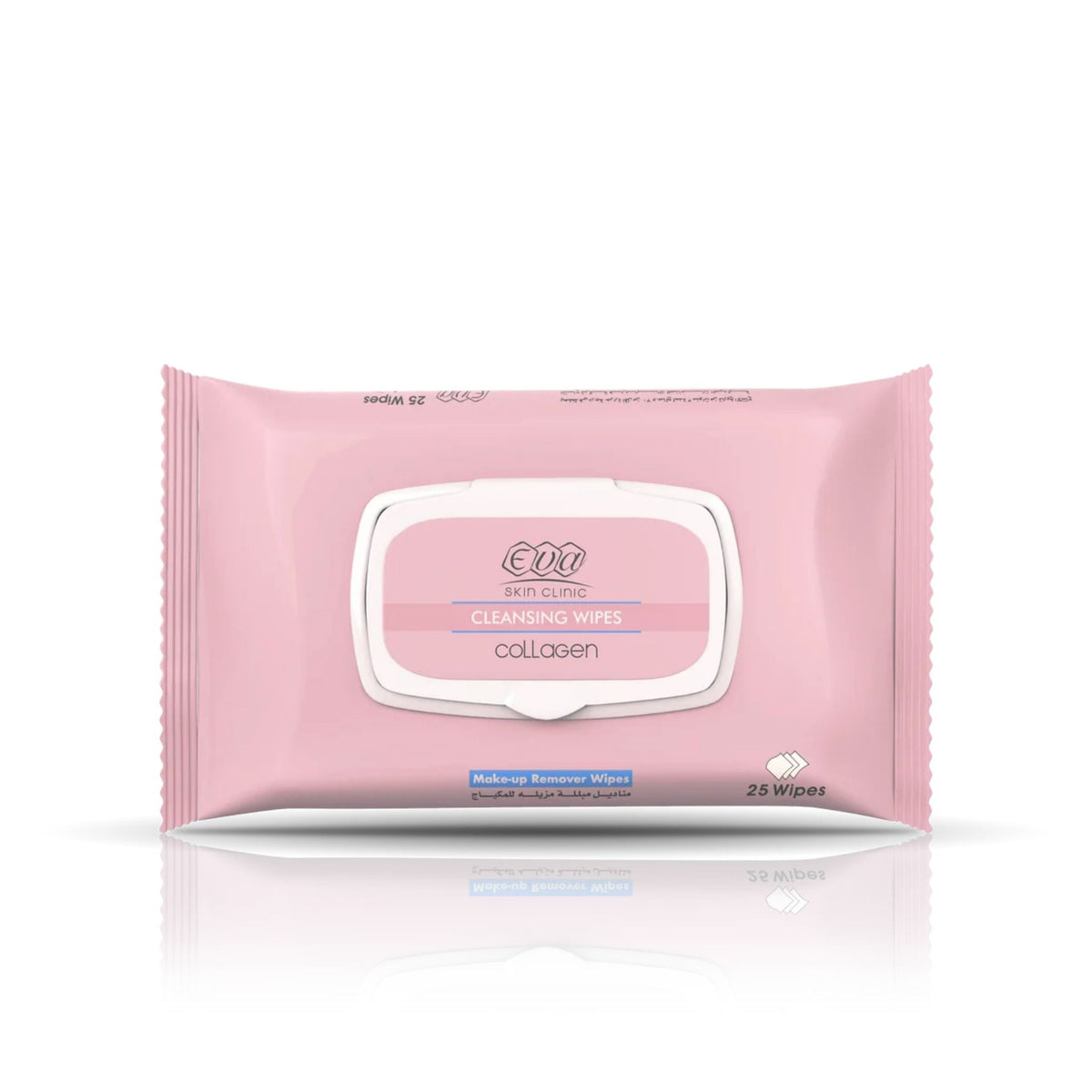 Refect Beauty Eva Skin Clinic collagen makeup remover cleansing wipes in a soft pink resealable pack of 25 wipes.