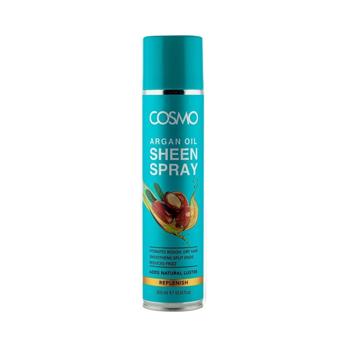 Refect Beauty Cosmo Argan Oil Sheen Hair Spray in a 300ml turquoise aerosol bottle for glossy, smooth hair.