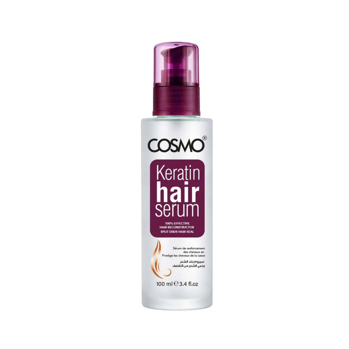 Refect Beauty Cosmo Keratin Hair Serum in a 100ml clear bottle with a purple pump cap for smooth and shiny hair.
