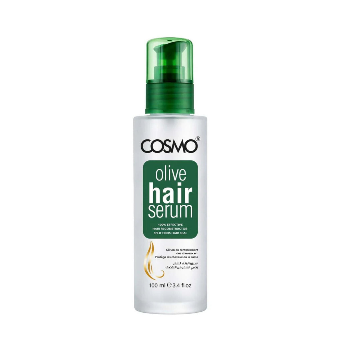 Refect Beauty Cosmo olive hair serum in a 100ml pump bottle for moisturizing and smoothing hair