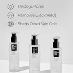 Refect Beauty Cosrx BHA Blackhead Power Liquid bottles showing benefits for unclogging pores and removing blackheads.