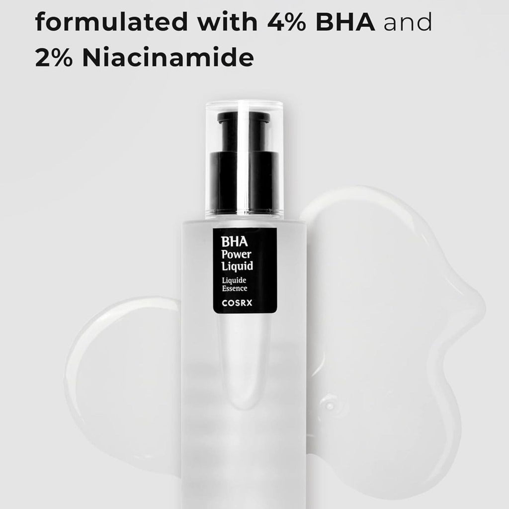 Refect Beauty Cosrx BHA Blackhead Power Liquid exfoliating essence bottle with clear liquid texture on grey background