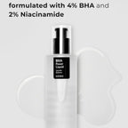 Refect Beauty Cosrx BHA Blackhead Power Liquid exfoliating essence bottle with clear liquid texture on grey background