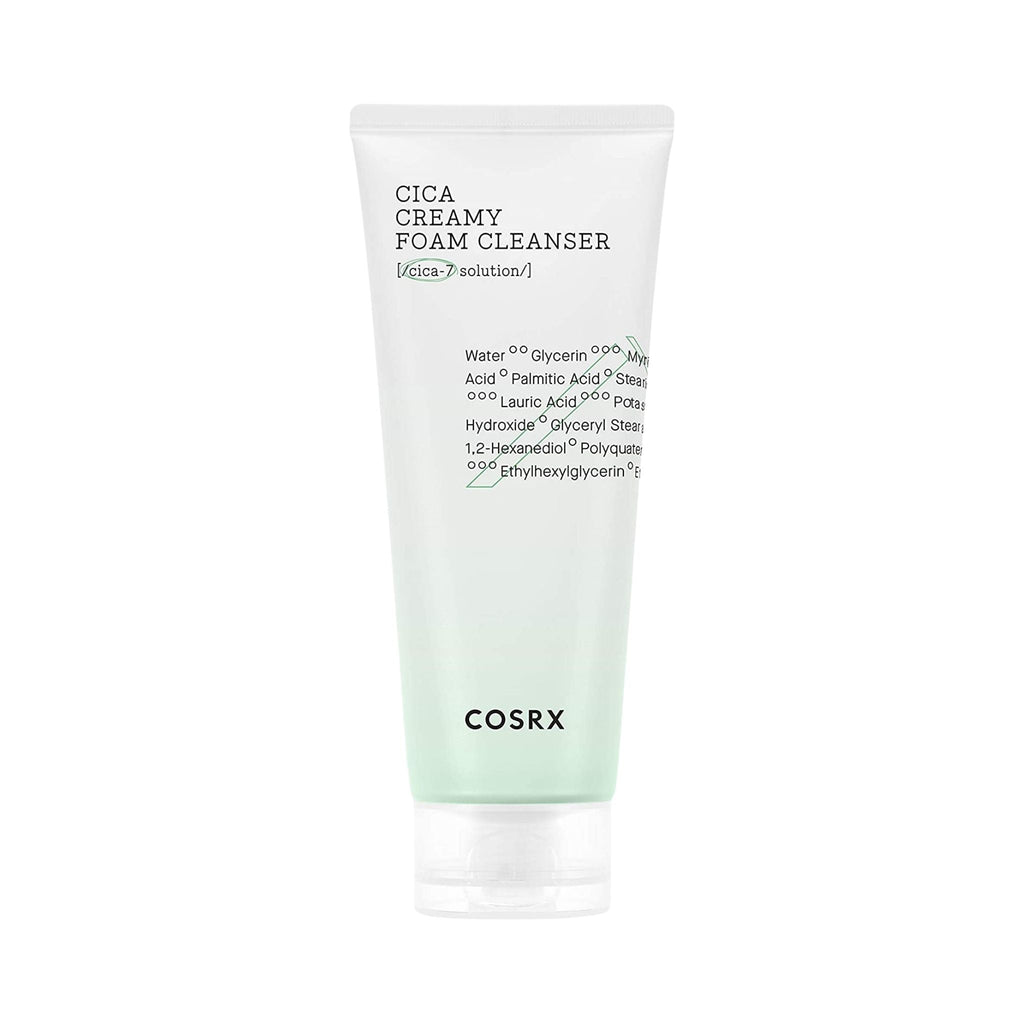 Refect Beauty Cosrx Pure Fit Cica Creamy Foam Cleanser in a white tube with green accents for sensitive skin.