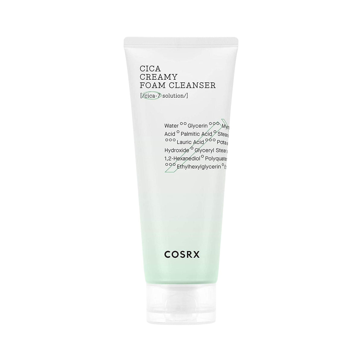 Refect Beauty Cosrx Pure Fit Cica Creamy Foam Cleanser in a white tube with green accents for sensitive skin.