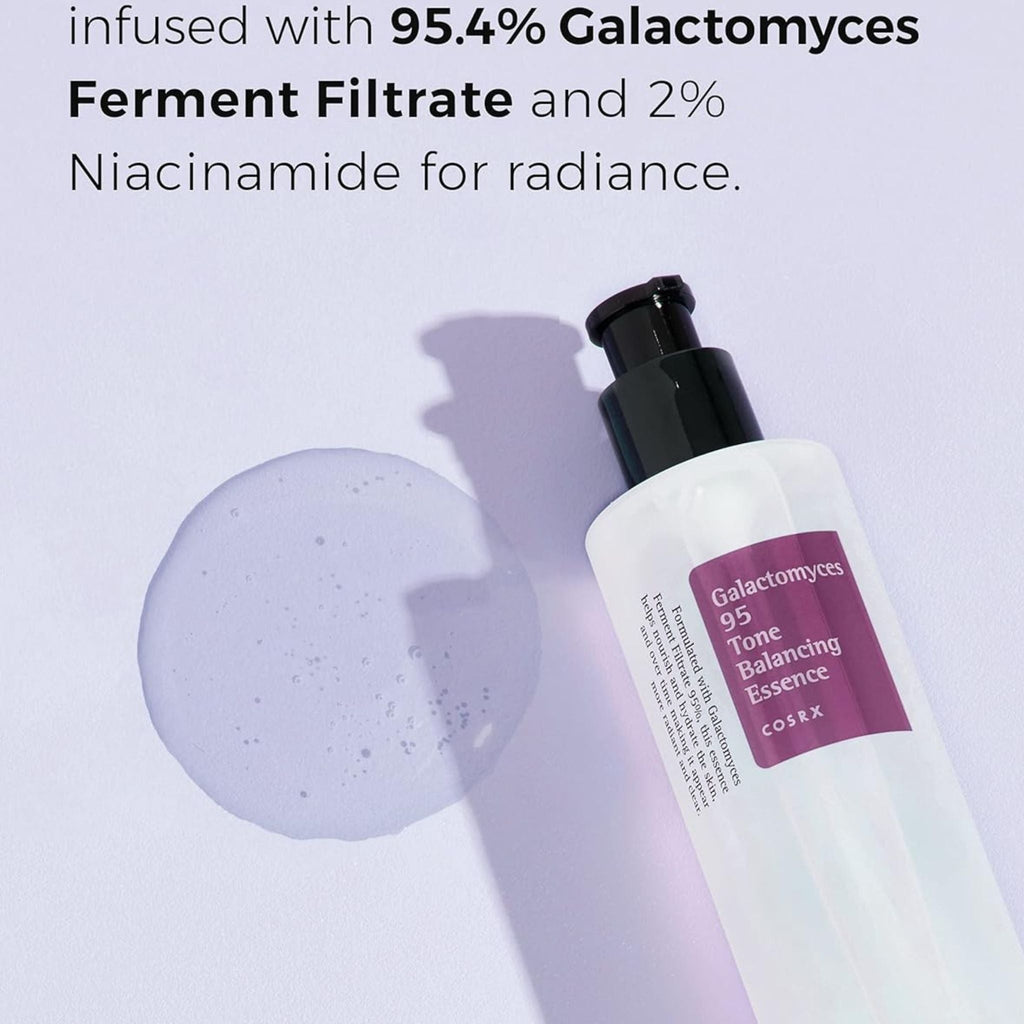 Refect Beauty Cosrx Galactomyces 95 Tone Balancing Essence bottle with a drop of clear serum on a light purple surface