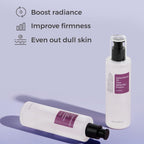 Refect Beauty Cosrx Galactomyces 95 Tone Balancing Essence bottles on a purple background with skincare benefits listed.