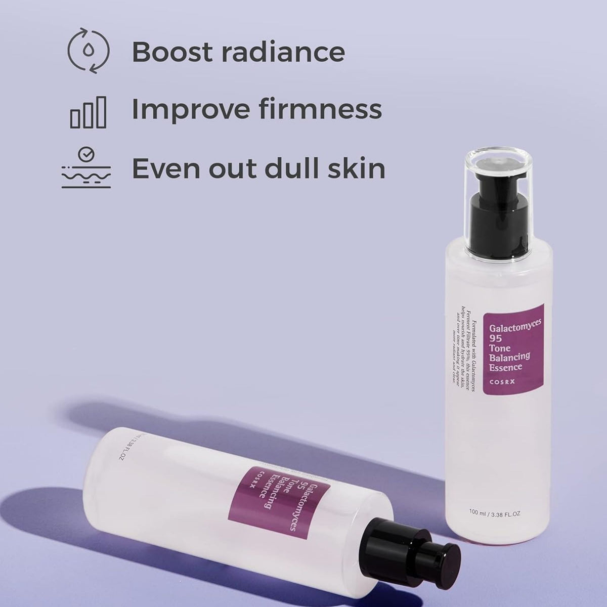 Refect Beauty Cosrx Galactomyces 95 Tone Balancing Essence bottles on a purple background with skincare benefits listed.