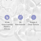 Refect Beauty Cosrx Galactomyces 95 essence infographic showing 95.4% ferment filtrate and 2% niacinamide ingredients