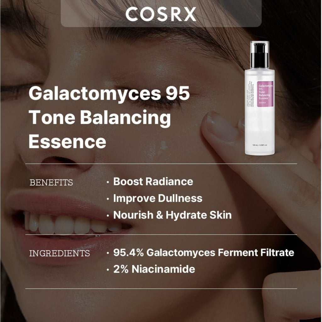 Refect Beauty Cosrx Galactomyces 95 Tone Balancing Essence bottle shown with a woman applying skincare to her face