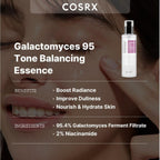 Refect Beauty Cosrx Galactomyces 95 Tone Balancing Essence bottle shown with a woman applying skincare to her face