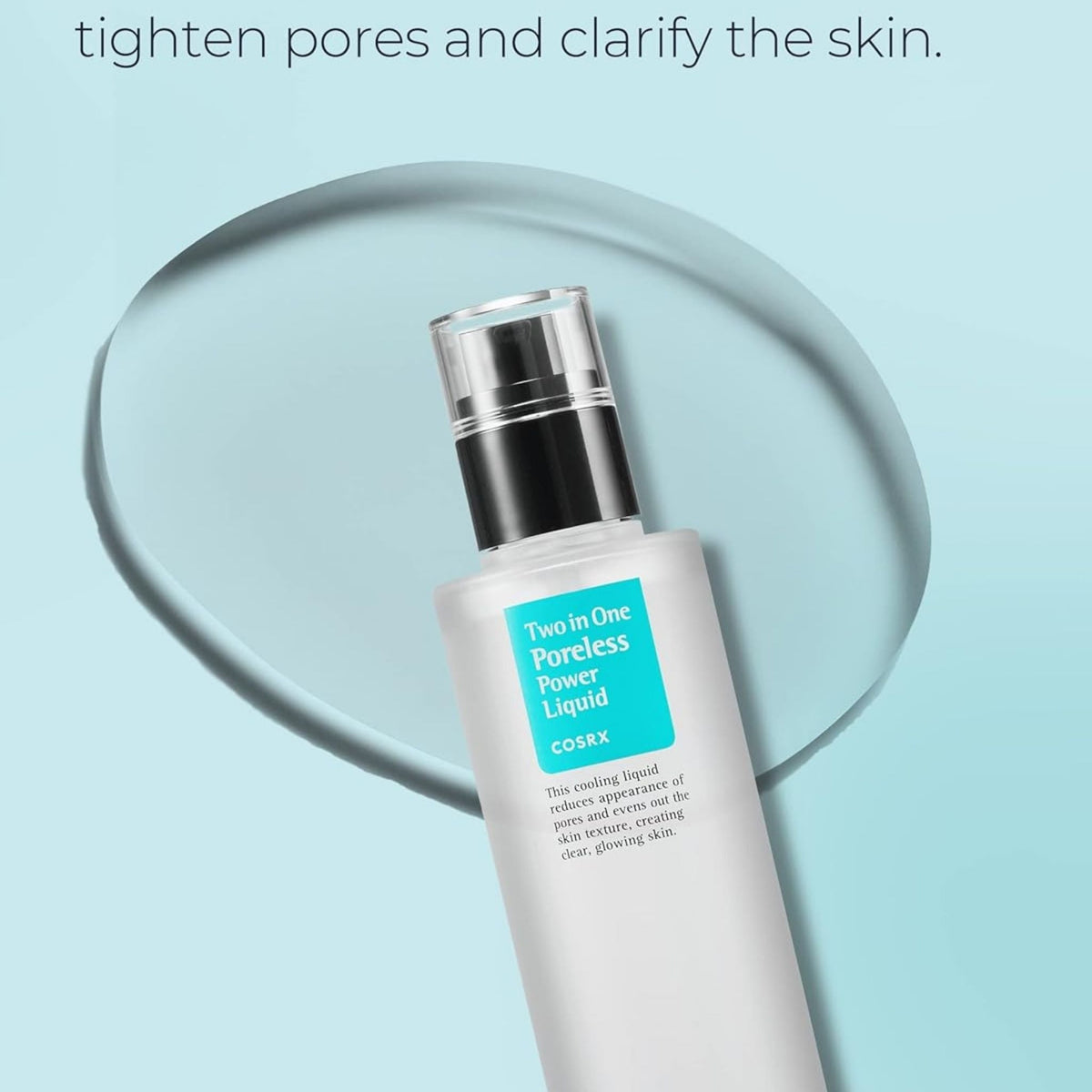 Refect Beauty Cosrx Two in One Poreless Power Liquid toner bottle on a light blue background with a water droplet