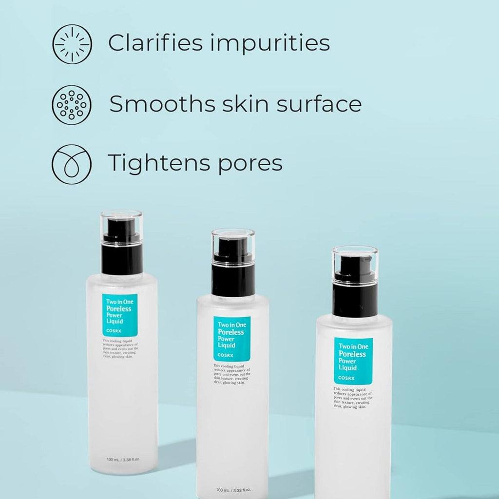 Refect Beauty Cosrx Two in One Poreless Power Liquid toner bottles showing benefits for skin texture and pores