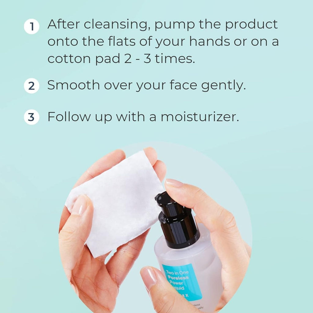 Refect Beauty Cosrx Two in One Poreless Power Liquid being pumped onto a cotton pad with usage instructions