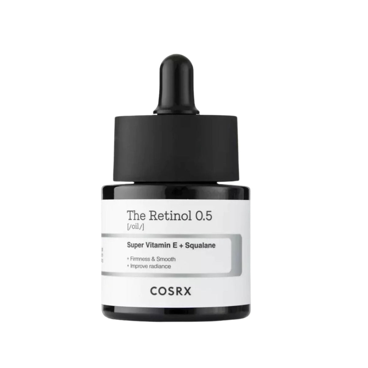 Refect Beauty Cosrx The Retinol 0.5 Oil with Vitamin E and Squalane in a black dropper bottle for skin firming