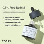 Refect Beauty Cosrx The Retinol 0.5 Oil bottle with dropper, featuring Vitamin E and squalane for skin renewal.