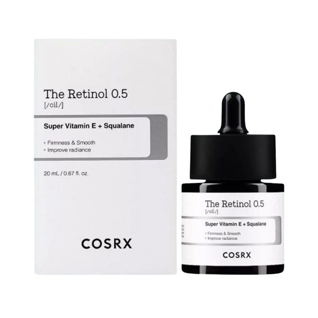 Refect Beauty COSRX The Retinol 0.5 Oil with Vitamin E and squalane in a dropper bottle and white product box.