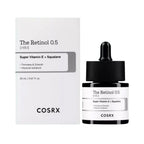 Refect Beauty COSRX The Retinol 0.5 Oil with Vitamin E and squalane in a dropper bottle and white product box.