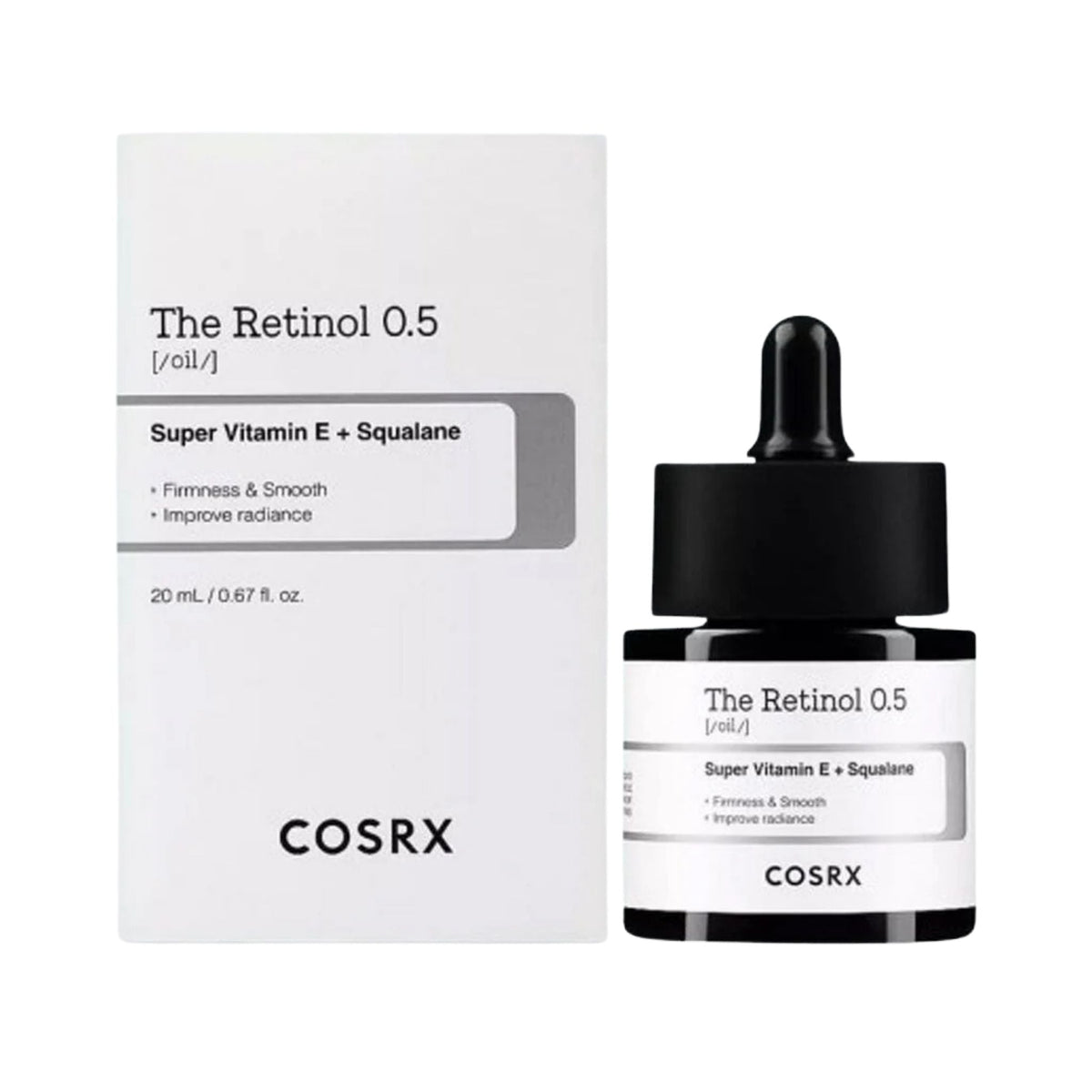 Refect Beauty COSRX The Retinol 0.5 Oil with Vitamin E and squalane in a dropper bottle and white product box.