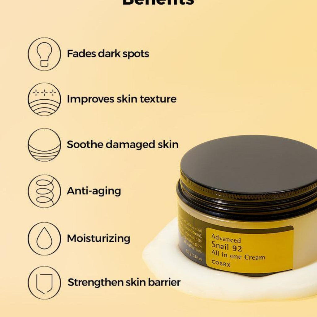Refect Beauty COSRX Advanced Snail 92 All in One Cream jar with benefits list on a soft yellow background