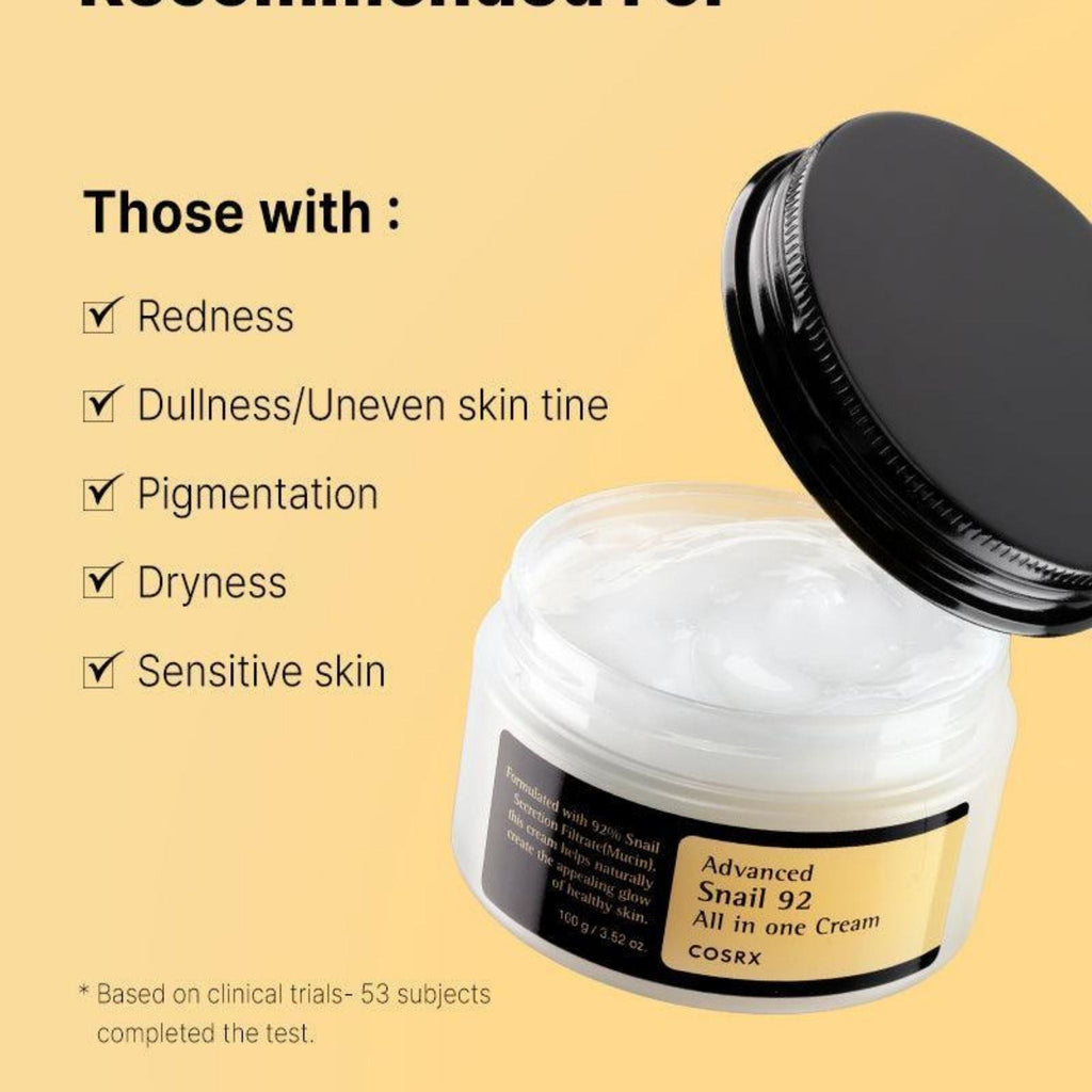 Refect Beauty COSRX Advanced Snail 92 All in One Cream in a jar with black lid on a yellow background