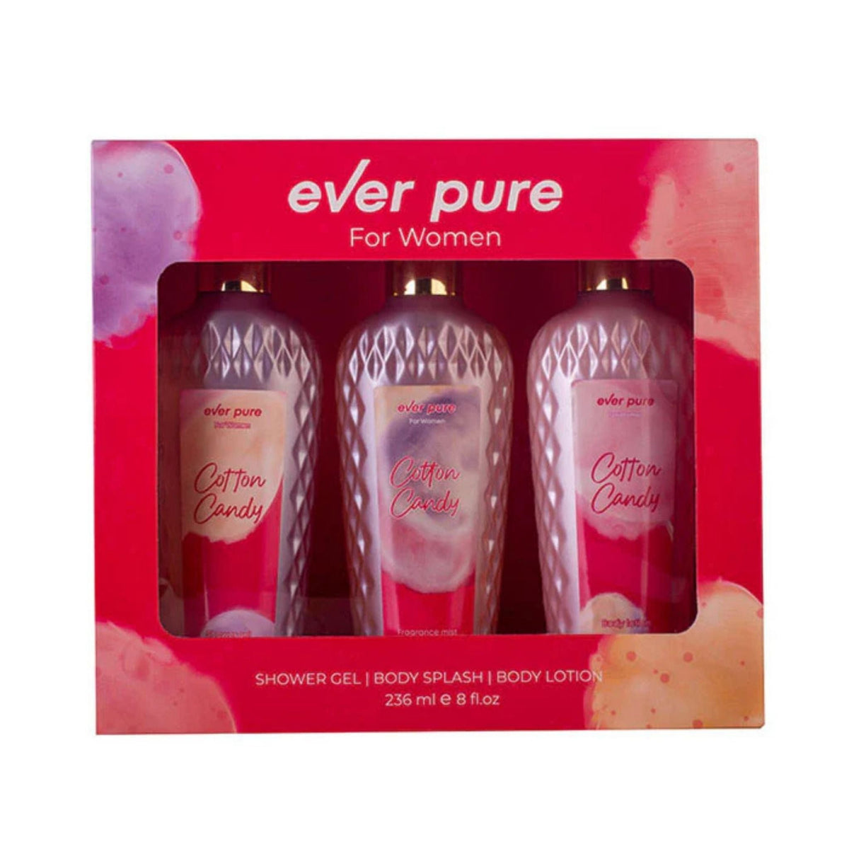 Refect Beauty Ever Pure Cotton Candy gift set featuring shower gel, body splash, and body lotion in pink packaging.
