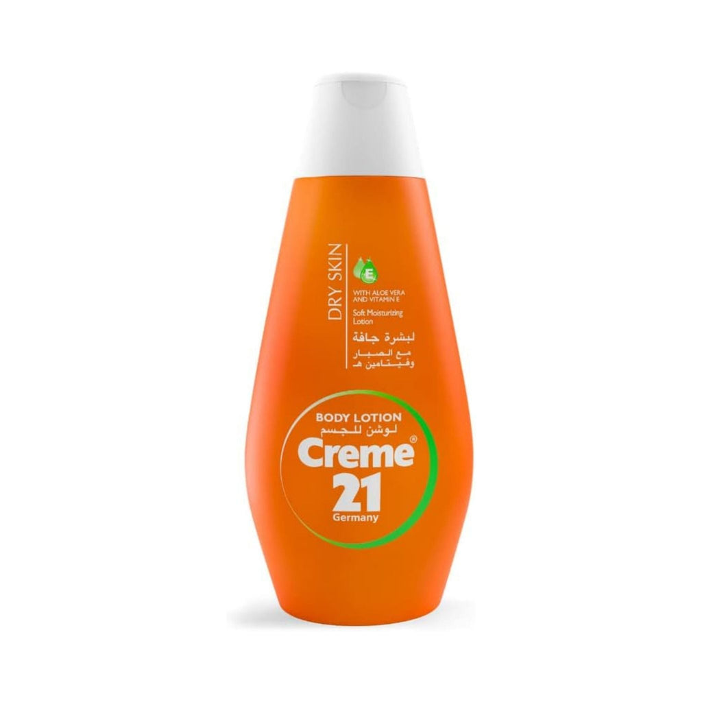 Refect Beauty Creme 21 body lotion with aloe vera and vitamin E in an orange bottle for dry skin hydration