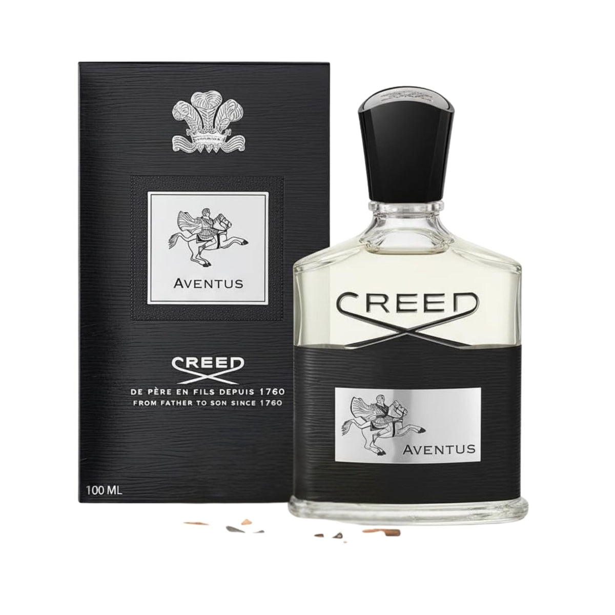 Refect Beauty Creed Aventus 100ml eau de parfum bottle and black presentation box with silver horse emblem