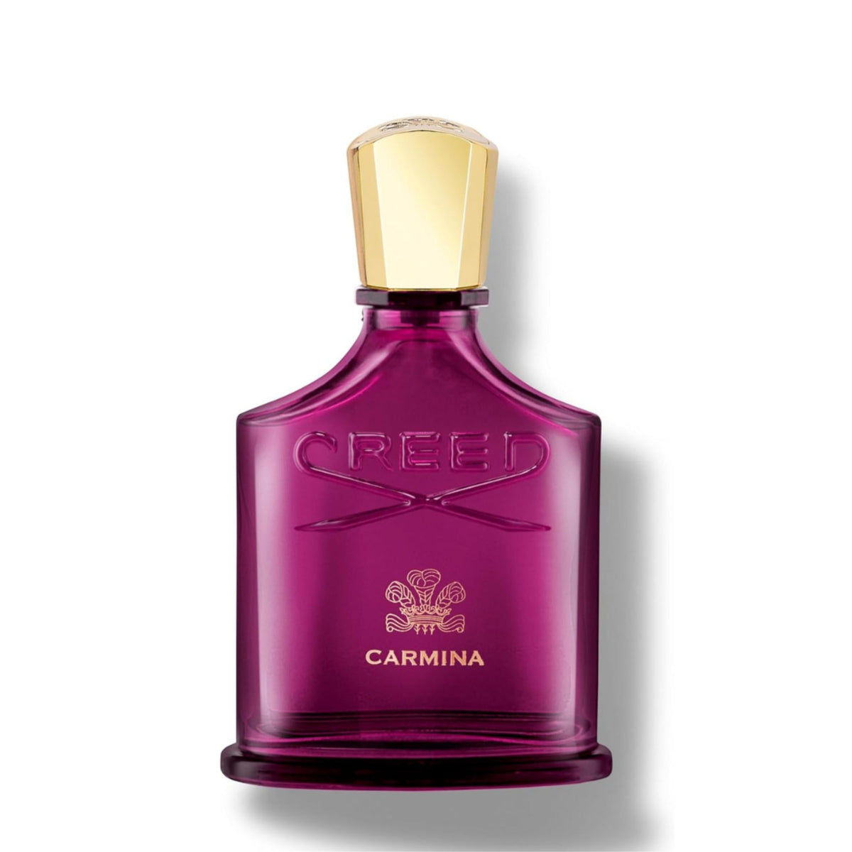 Refect Beauty Creed Carmina Eau de Parfum in a deep magenta glass bottle with a gold cap and embossed logo.