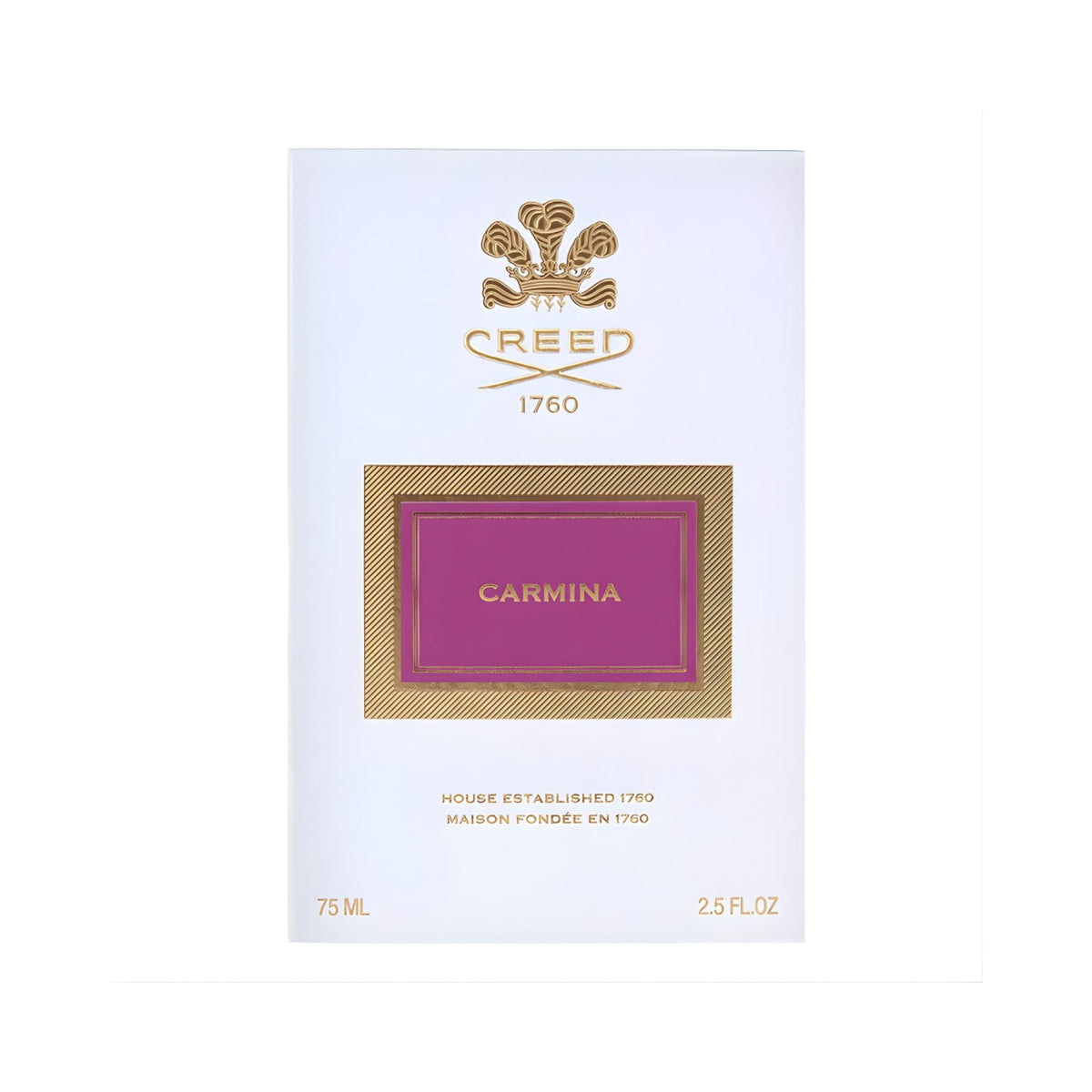 Refect Beauty Creed Carmina Eau de Parfum 75ml bottle featuring a white box with a vibrant magenta label and gold logo