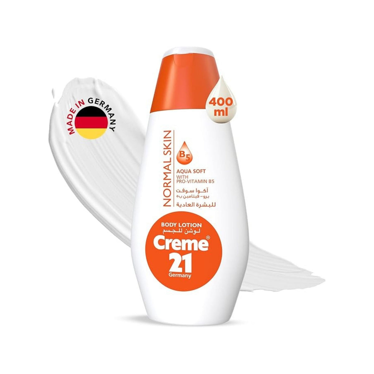 Refect Beauty Creme 21 Aqua Soft body lotion with Provitamin B5 for normal skin in a 400ml white and orange bottle.