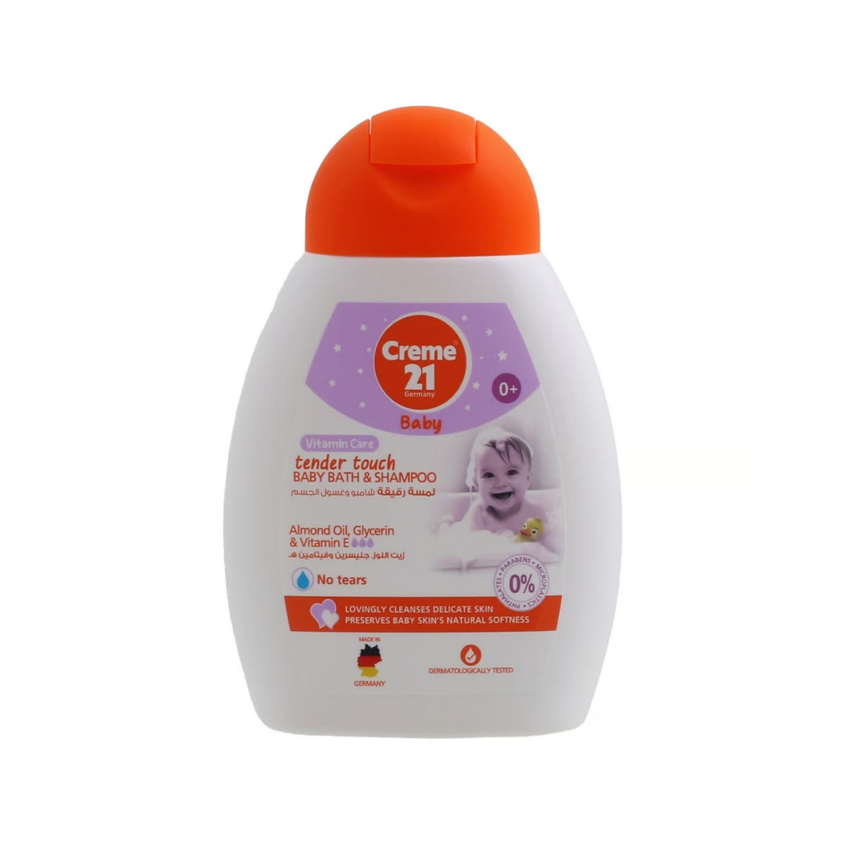 Refect Beauty Creme 21 Tender Touch 2-in-1 baby bath and shampoo in a white bottle with an orange flip-top cap.