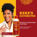 Refect Beauty Crème of Nature Argan Oil Intensive Conditioning Treatment bottle featuring Keke Palmer on yellow background