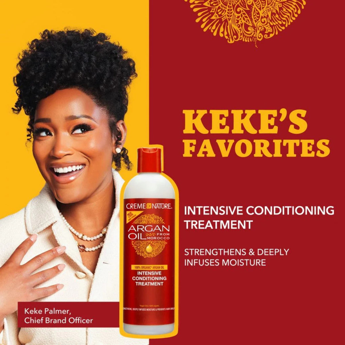 Refect Beauty Crème of Nature Argan Oil Intensive Conditioning Treatment bottle featuring Keke Palmer on yellow background