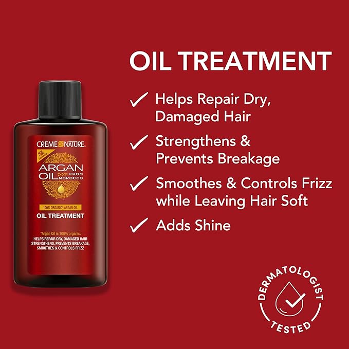 Refect Beauty Creme Of Nature Argan Oil treatment bottle with product benefits listed on a red background