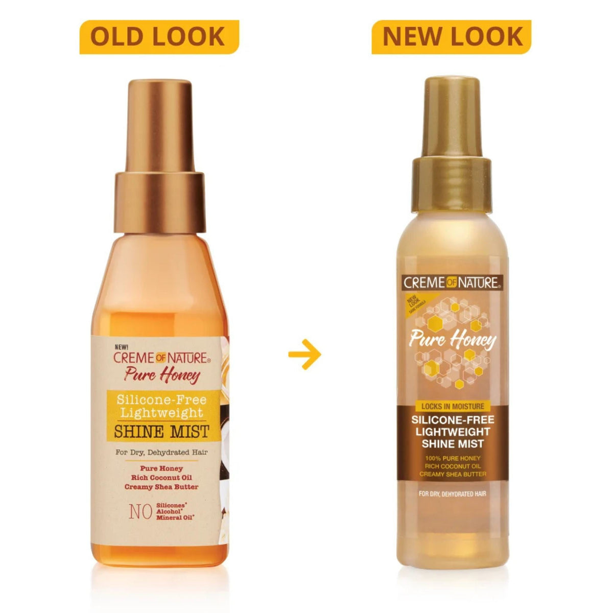 Refect Beauty Creme Of Nature Pure Honey Shine Mist showing the old and new product packaging side by side