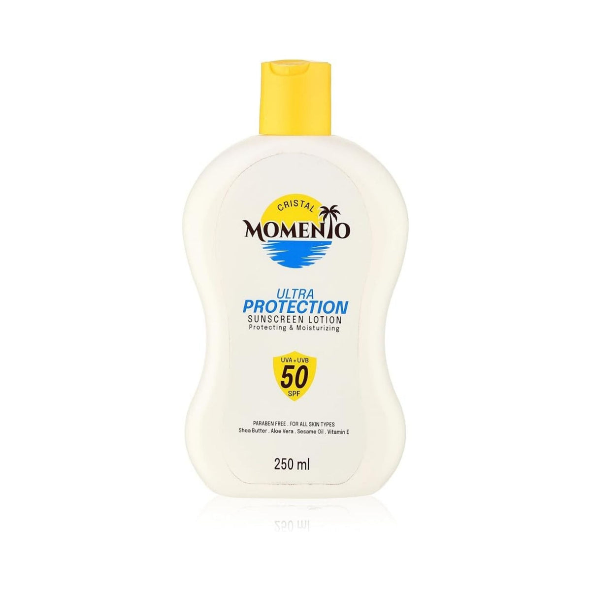 Refect Beauty Cristal Momento SPF 50 sunscreen lotion in a 250ml white bottle with a yellow cap